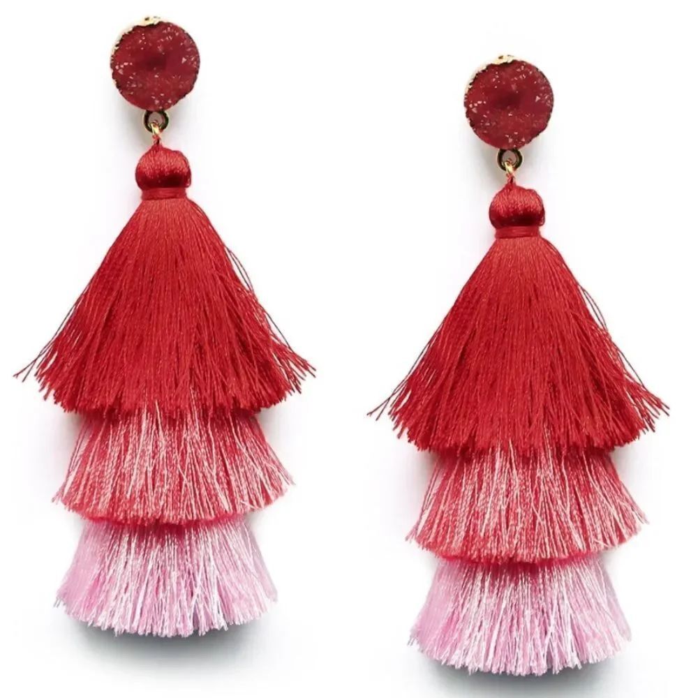 14K Yellow Gold with Red Pink Ombre Silk Thread Tassel and Quartz Druzy Earrings